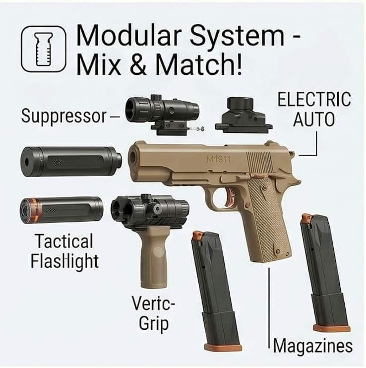 Kidoyz Toy M1911 Gel Blaster, Rechargeable Electric Shooting Pistol with LED Flashlight, USB Charging, Safety Glasses, Water Beads Included, Outdoor Toy for Kids 14+ — view 3