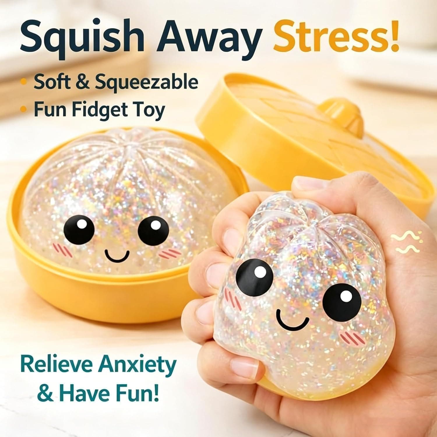 Kidoyz Dumpling Squishy Fidget Toy with Steamer Box, Glitter Squeezable Stress Ball,Cute Smiley Sensory Desk Toy, Stretchy Mystery Squishy for Kids & Adults, Travel — view 3