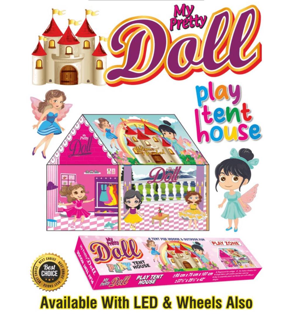 Kidoyz My Pretty Doll Play Tent House with LED Lights for Kids | Rectangle Box Packaging | 3x3x3.5 ft | Doll Theme Girls Tent