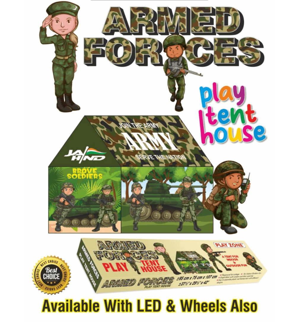 Kidoyz Armed Forces Play Tent House with LED Lights for Kids | Rectangle Box Packaging | 3x3x3.5 ft | Army Theme Kids Tent
