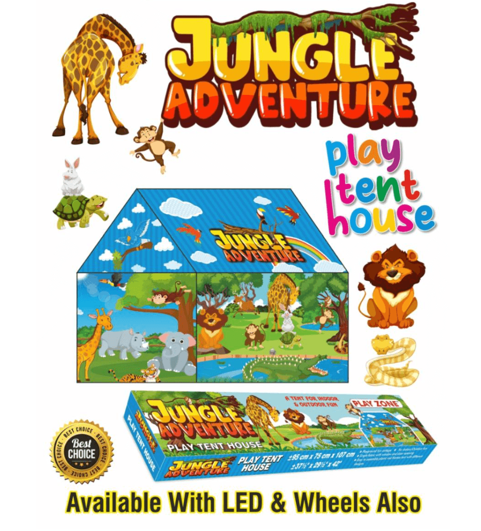 Kidoyz Jungle Adventure Play Tent House with LED Lights for Kids | Rectangle Box Packaging | 3x3x3.5 ft | Jungle Theme Kids Tent