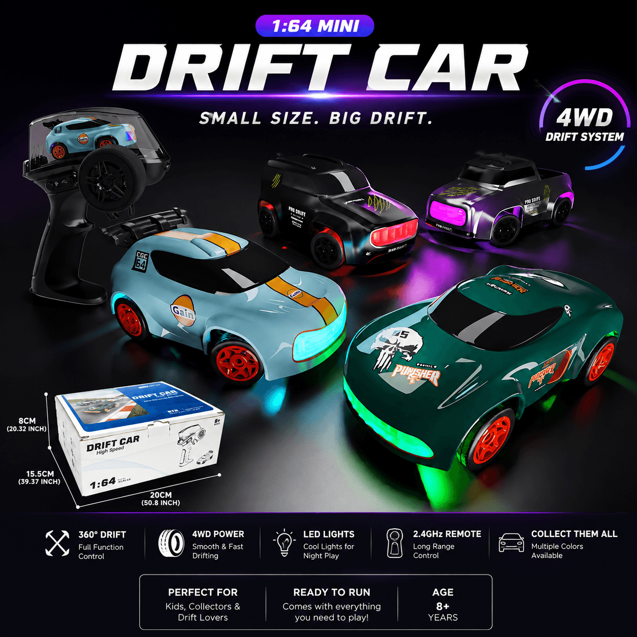 1:64 Mini Drift Car – 4WD Remote Control with LED Lights