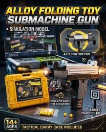 Alloy Folding Toy Submachine Gun with Tactical Carry Case & Target | Shell-Ejecting Soft Bullet Toy | Ages 14+