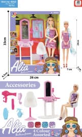 Alia Fashion Frame Doll Salon Set | Doll with Dressing Table & Accessories | 4 Colour Assorted | Ages 3+ | Color as per Stock dispatched