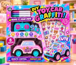 DIY Graffiti Remote Control Toy Car Set With Markers & Stickers | 8 Pieces | 2.4GHz With Lights & Music | Make It Your Own