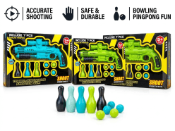 Ping Pong Ball Shooter Gun with Bowling Pins | Toy Ball Gun Set of 7 Pcs | Ages 5+ | Color as per Stock dispatched