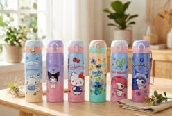 Steel Water Bottle With Flip-Open Lid & Wrist Strap | Cute Cartoon Print Thermos Bottle For Kids | Color As Per Stock | 1 Pcs