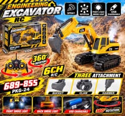 RC Excavator Toy with 360° Rotation, Smoke Light & 3 Attachments | 6-Channel USB Rechargeable Remote Control Construction Truck | Ages 6+