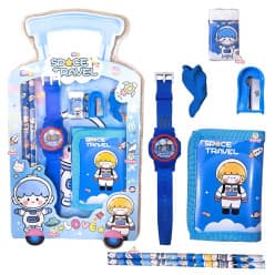 Space Travel Kids Gift Set With Digital Watch, Trolley Pencil Box, Wallet, Pencils, Eraser & Sharpener | Birthday Return Gift Combo