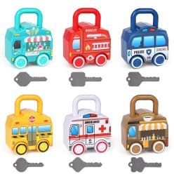 Montessori Learning Key & Lock Car Set 6 Pcs | Match Numbers & Unlock Vehicle Padlocks | Fine Motor Skill Toy For Toddlers