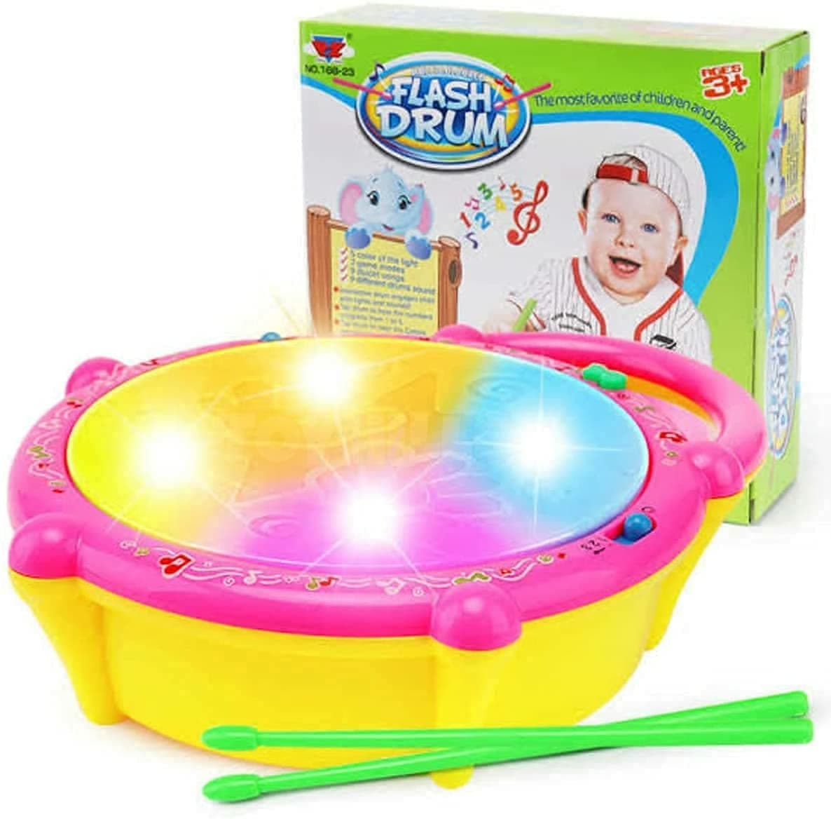 Battery Operated 3D Flash Drum Toy with Flash Light & Music Effects | Dynamic Musial Instrument Toy with 2 Mallets for Toddlers | Blue Color, Power Source: 3xAA Battery (Not Included)
