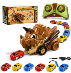 KIDOYZ RoarRover DinoXpress: 2.4GHz Remote Control T-Rex Car Carrier & Transporter with Magnetic Launcher + 6 Mini Racers (Age 3+)