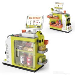 46-Piece Pretend Play Cash Register Toy Set,Grocery Store Pretend Play with Calculator, Scanners, Credit Cards, Grocery Game Food Set,Coffee Machine Toys