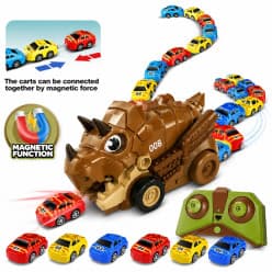 Kidoyz Remote Control Dinosaur Car Toy with 6 Mini Cars | Magnetic Car Ejector Dinosaur RC Vehicle | Light & Sound | Rechargeable Battery