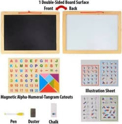 Kidoyz Wooden Frame Double Sided Magnetic Whiteboard & Black Slate with Alphanumeric,Mathematical Signs and Tangram (Multicolor)